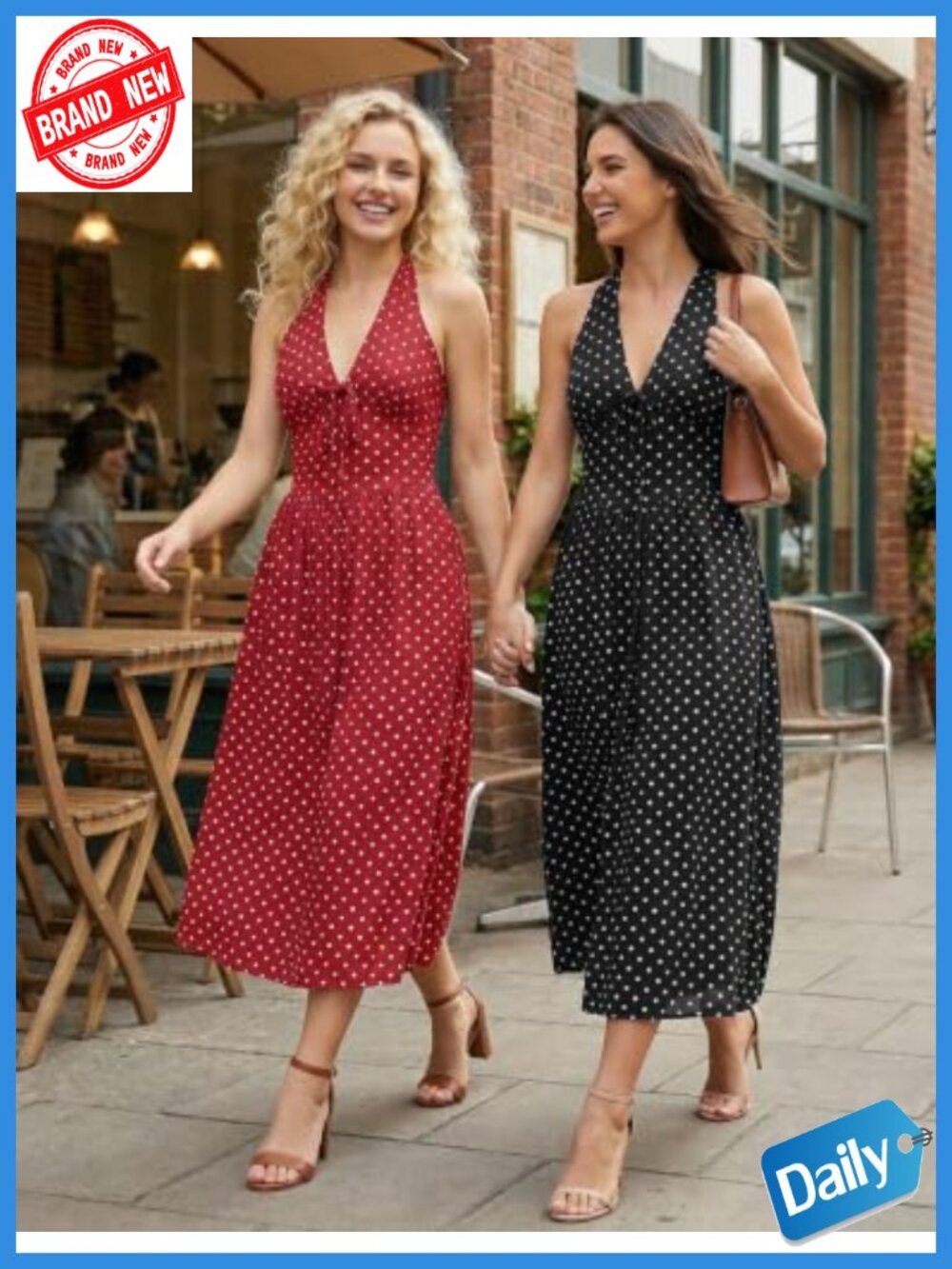 Polka Dot Halter V-Neck Maxi Dress with Pockets Smocked Casual Long Summer - Picture 3 of 6